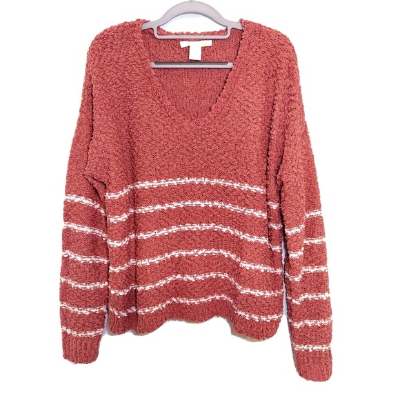 C&C California Sweater L Crochet Knit Oversize Striped Long Sleeve Sherpa Preppy - Picture 1 of 10